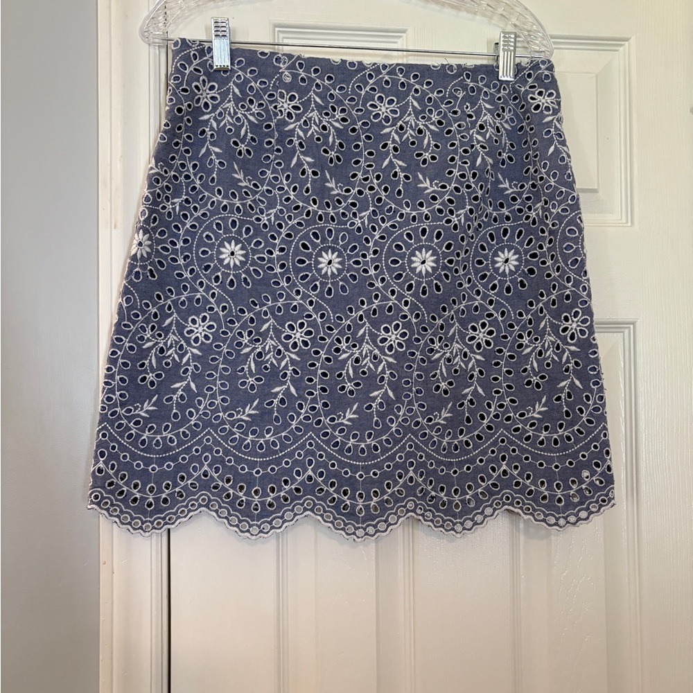 Blue Floral Eyelet Cotton Mini Skirt Scalloped Hem Lined A-Line 14 Coastal Boho